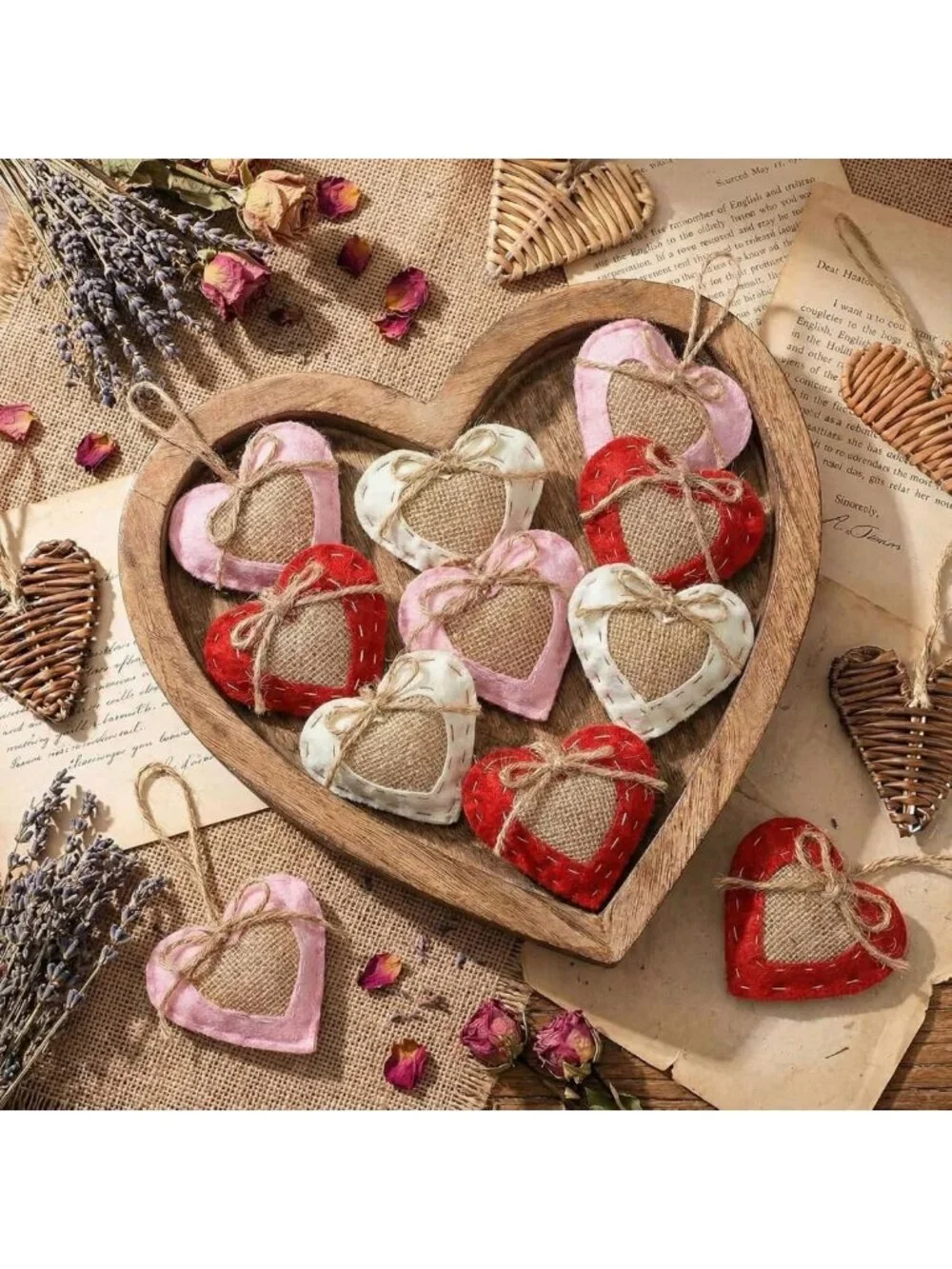 24 Pcs Neutral Valentine's Day Felt Heart Ornaments - Rustic Home Decor & Party